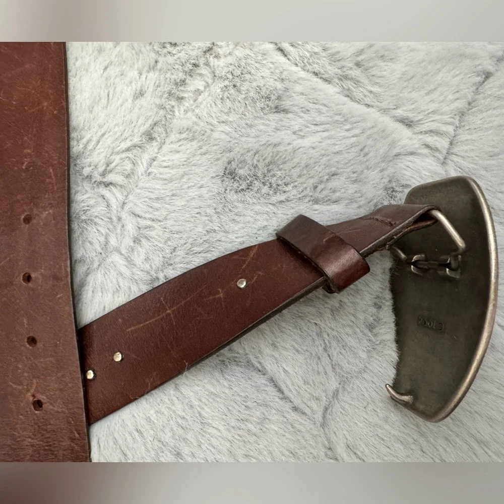 Vintage 90s Leather Statement Belt Western Festival Rodeo Silver Buckle Brown - Picture 6 of 13